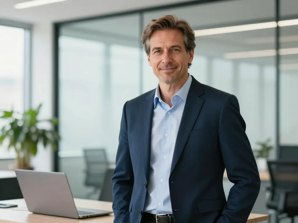 Portrait professionnel d'Alexandre, directeur SEO et consultant senior, souriant dans un bureau moderne et lumineux.