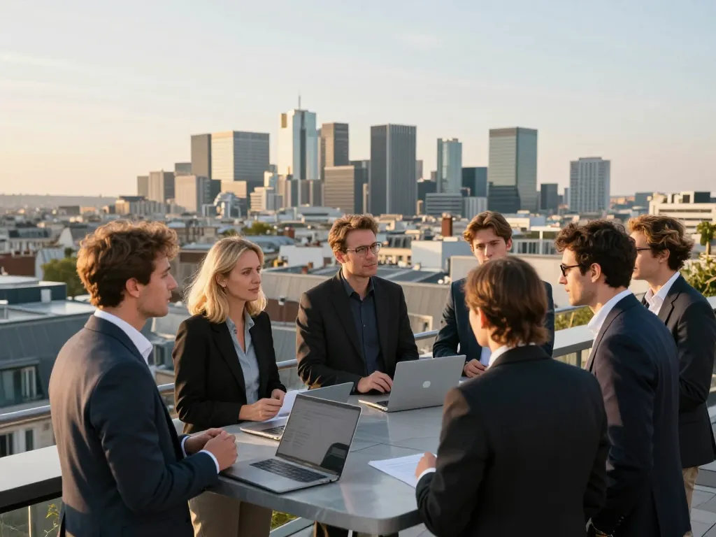 Vue aérienne panoramique de Paris montrant une équipe de professionnels du SEO travaillant sur une terrasse moderne surplombant la ville.