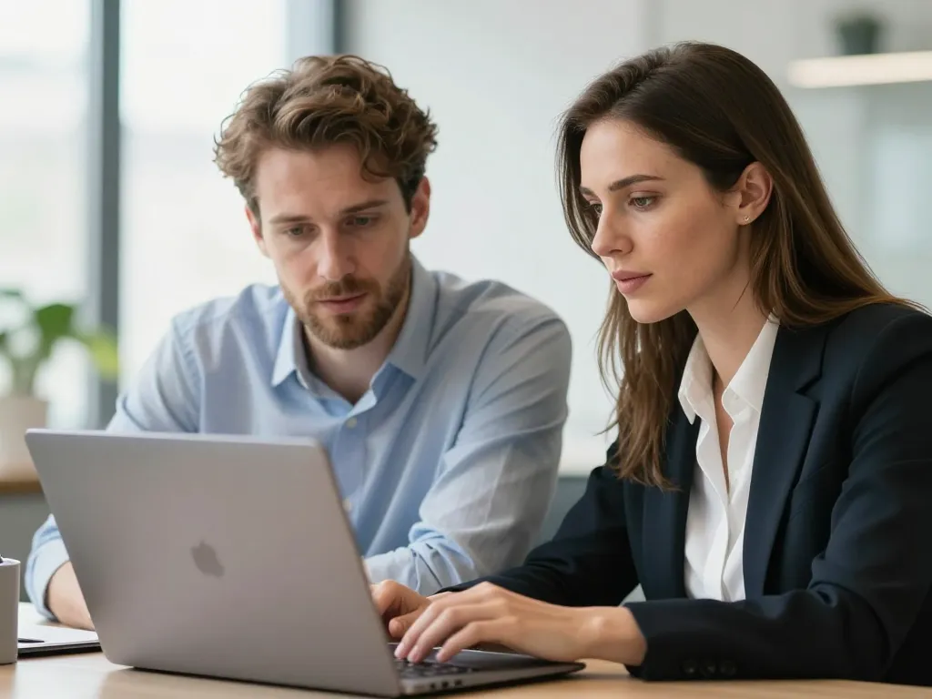 Alexandre et Marie, consultants experts en référencement naturel, travaillant ensemble sur une stratégie de contenu sémantique dans un bureau lumineux.