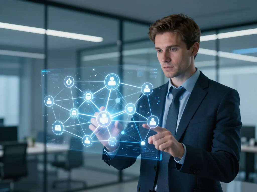 Un professionnel du marketing digital analysant une structure de maillage interne et des connexions de liens entrants sous forme d'hologrammes lumineux.