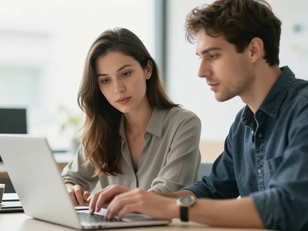 Marie C. et Thomas, expert technique SEO et développeur web, collaborant avec professionnalisme dans un bureau moderne.