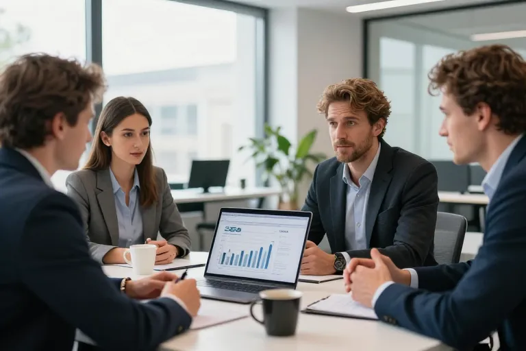 Une équipe de professionnels du web en pleine réunion stratégique au sein d'une agence de référencement moderne à Amiens.