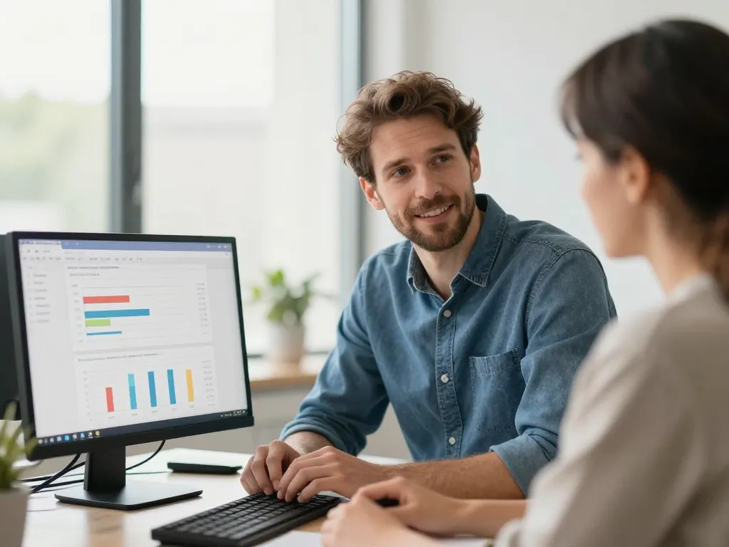 Expert en marketing digital analysant une stratégie de référencement naturel et payant sur un écran avec un client dans la Somme.