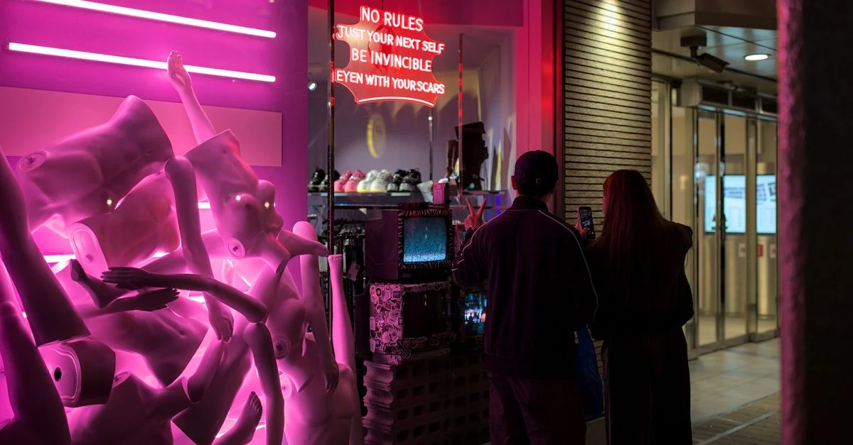 Scène de rue à Osaka avec une devanture de magasin éclairée au néon exposant des mannequins et deux personnes observant.