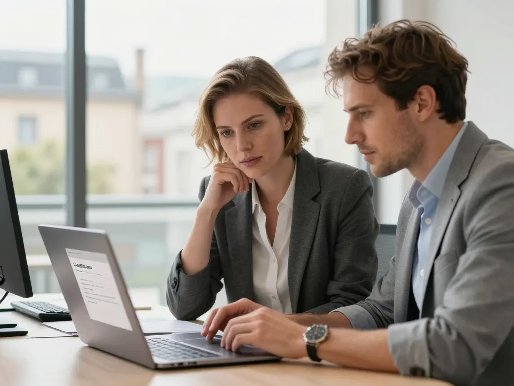 Thomas et Sarah, experts en référencement local, collaborant sur l'optimisation d'une fiche Google Business Profile à Amiens.